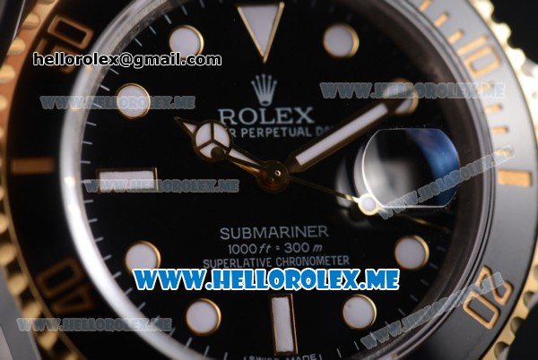 Rolex Submariner Clone Rolex 3135 Automatic Two Tone Case/Bracelet with Black Dial and Dot Markers (BP) - Click Image to Close
